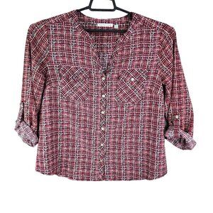 Women's Notations Red & Black Plaid Button-Down Blouse Top Roll Rab Sleeves L